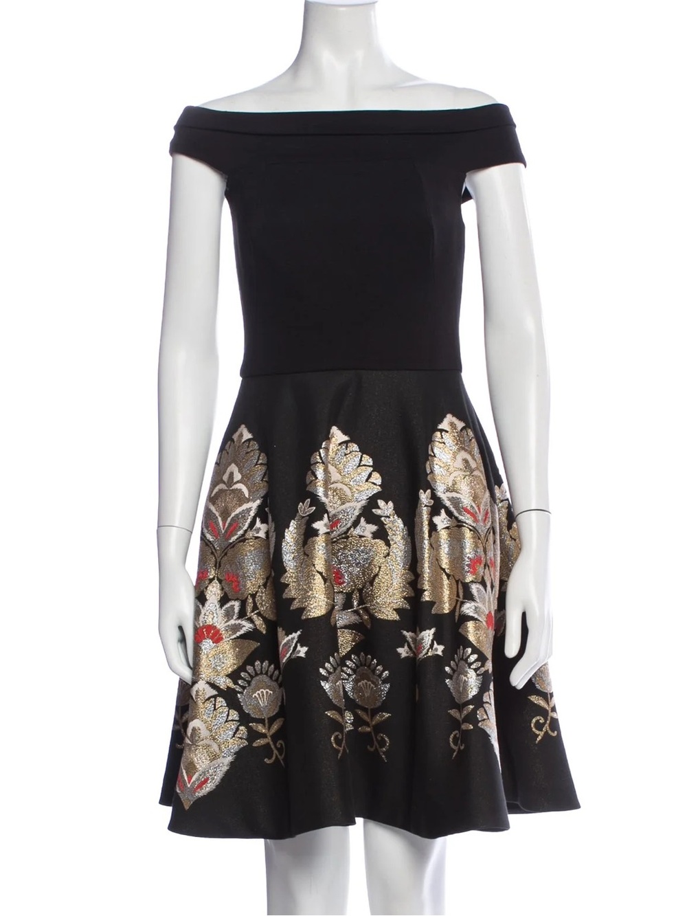 Ted Baker Black Off-Shoulder Cocktail Dress with Gold/Silver/Red shimmer print